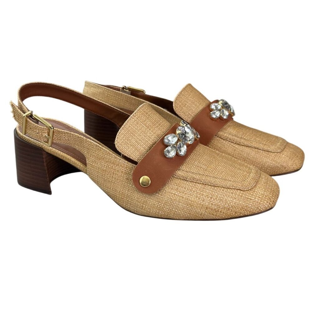Arezzo Emory Crystal Slingback Pumps Tan Raffia Brown Leather Heels Size 11 - Picture 3 of 12